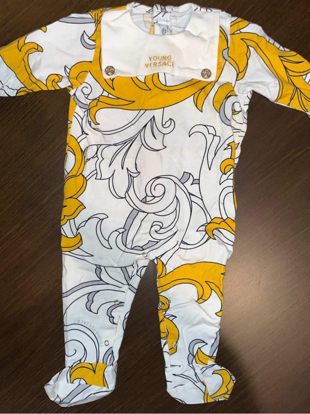 Versace White & Yellow Baroque Print Baby One-Piece